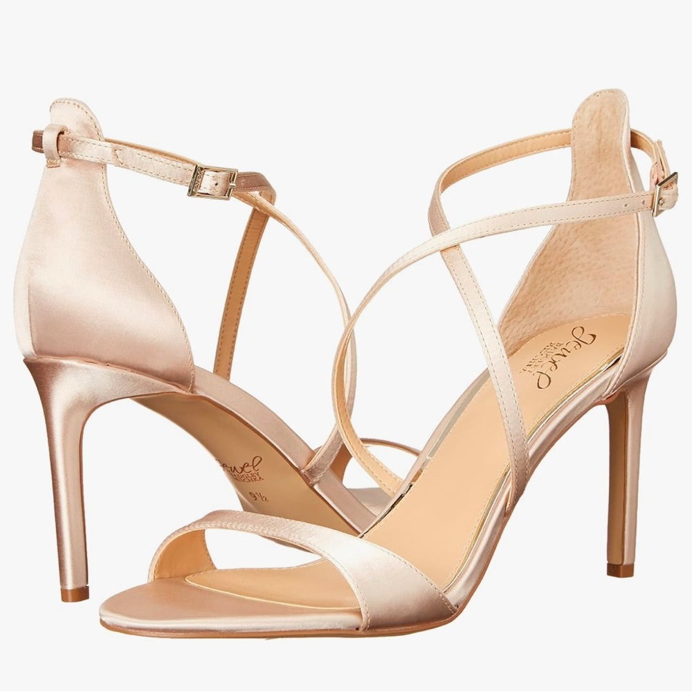 Jewel Badgley Mischka Rose Gold Strappy Satin Heels